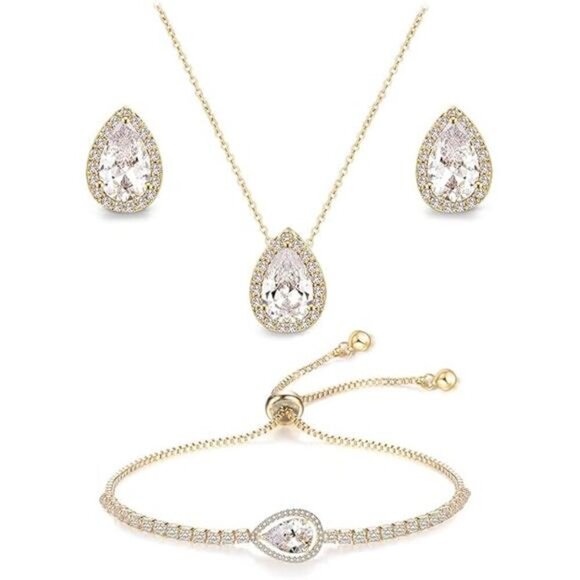 UDYLGOON CZ Tearsdrop Earrings Necklace Bracelet Jewelry Set For Bride - Picture 7 of 7